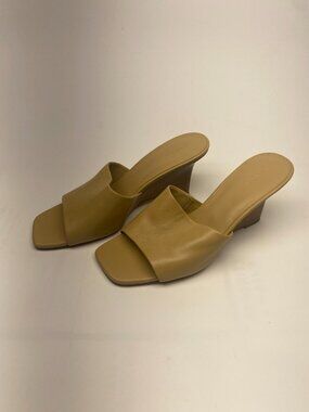 Vince Womens Pia Blonde Leather Wedge Peep Wedge Sandal Sz 9.5